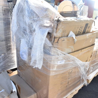 Shrink-wrapped pallet with 12 brand new scratch and dent items, including an umbrella canopy and wire shelf brackets in boxes.