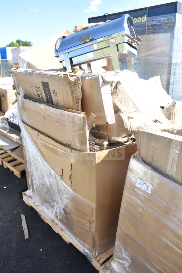 Palette of 12 brand new, scratch and dent items, including an umbrella canopy and wire shelf brackets, in cardboard boxes.