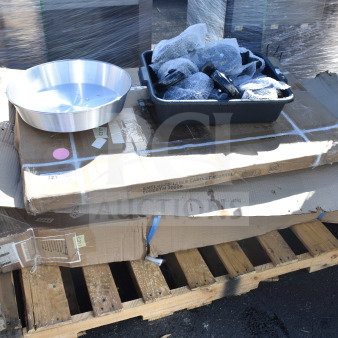 Stack of boxed items on a wooden pallet, including a stainless steel wok cover and a paper towel dispenser with a trash can. Items labeled "Enclosed Table Cabinet, 60DETM 300D." Some boxes have minor wear and visible labels.
