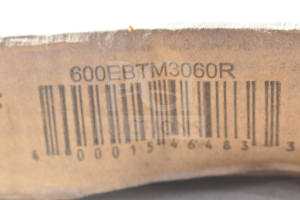 Barcode with numbers "600EBTM3060R" on cardboard packaging of brand new scratch and dent items.