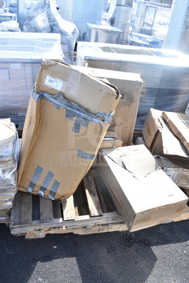 Boxes with duct tape on wooden pallets; labels show signs of scratches and dents. Auction item lot JUN26-35.