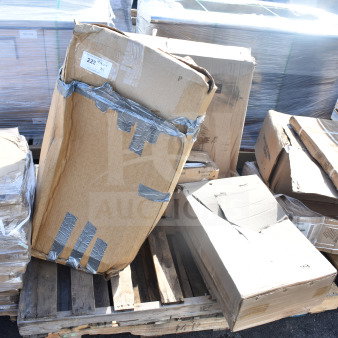 Boxes with duct tape on wooden pallets; labels show signs of scratches and dents. Auction item lot JUN26-35.
