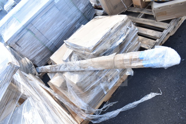 Pallet of 15 new scratch and dent items wrapped in plastic, includes waitress station and table base.