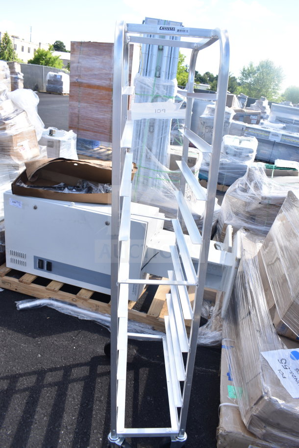 BRAND NEW Channel 517AP aluminum platter rack, 10 shelves, bottom load, scratch and dent, label indicates model and brand.