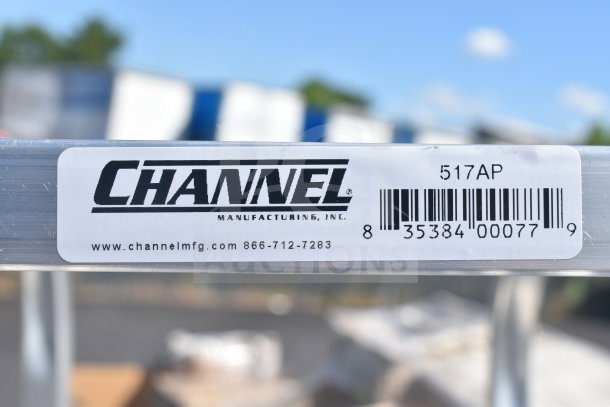 "Channel 517AP Bottom Load Aluminum Platter Rack, new scratch and dent, 10 shelves, visible label with barcode and contact info."