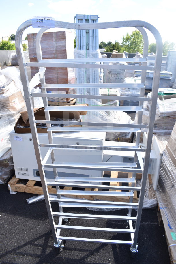 Brand new 10-shelf Channel 517AP bottom load aluminum platter rack with minor scratches and dents; durable and mobile.