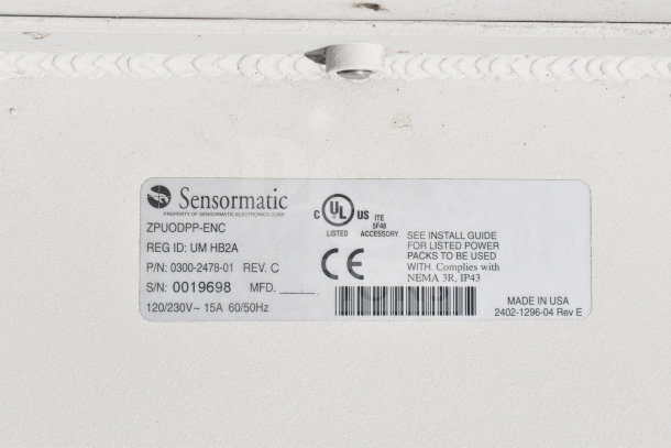 Sensormatic ZPUODPP-ENC Enclosure label, model 0300-2478-01, 15A, 120/230V, UL listed, made in USA, NEMA 3R, IP43.