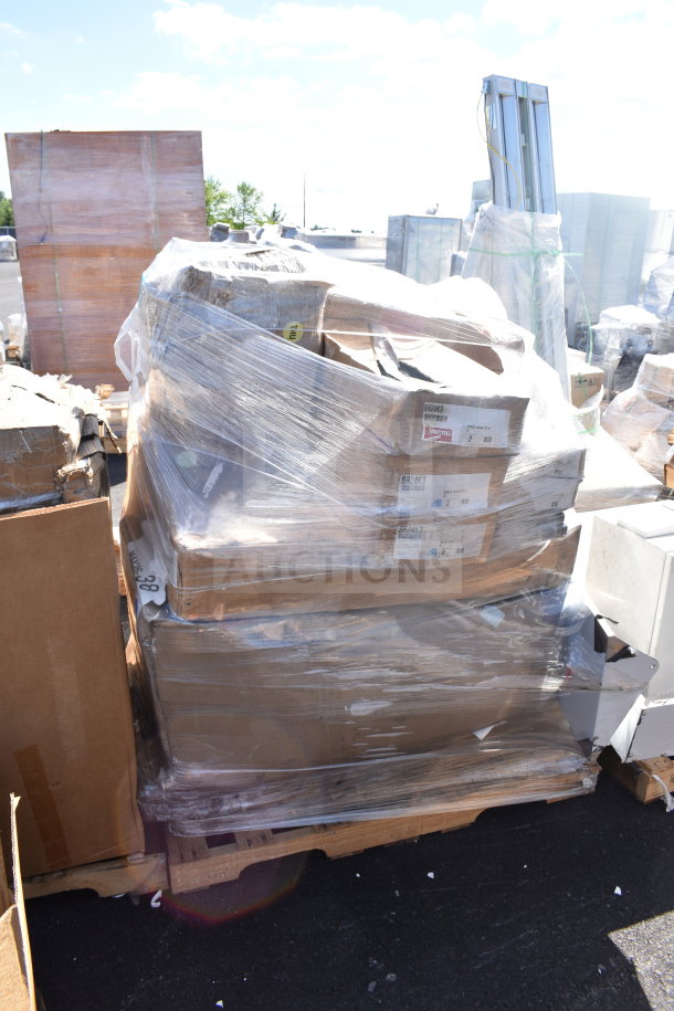 Auction pallet with 21 brand new scratch and dent items, including shelves, wrapped in plastic. Visible labels indicate item details.