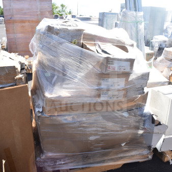 Auction pallet with 21 brand new scratch and dent items, including shelves, wrapped in plastic. Visible labels indicate item details.
