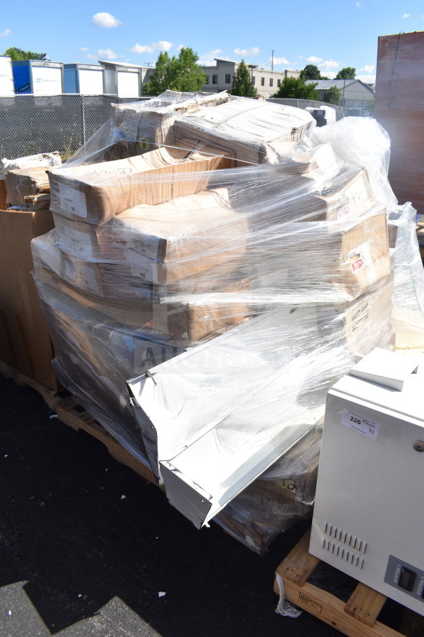 Large pallet of 21 new scratch-and-dent items, including shelves, wrapped in plastic. Auction label indicates "MAY26-38."