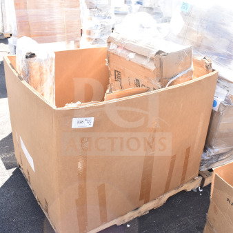 Cardboard box containing 8 new scratch and dent items, including a smoker pole and utility cart, on a pallet. Label indicates "228 APEX x1".