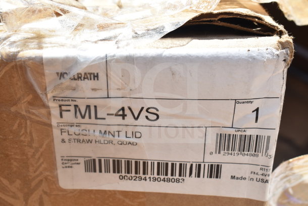 Cardboard box with label showing Vollrath FML-4VS product number, flush mount lid, and straw holder details. Made in USA.