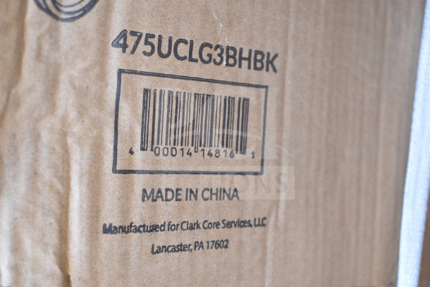 Cardboard box showing barcode 475UCLG3BHBK, made in China for Clark Core Services, Lancaster, PA.