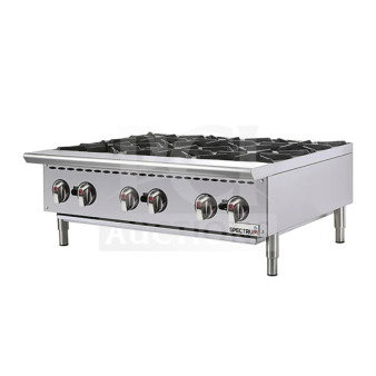 BRAND NEW Spectrum NGHP-6 36" gas hotplate with 6 burners, manual controls, slight scratches, convertible design.