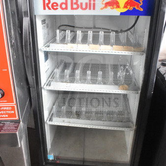 2021 True GDM-10-HC commercial cooler with glass door, Red Bull branding, three shelves, 115 Volts, 1 Phase.