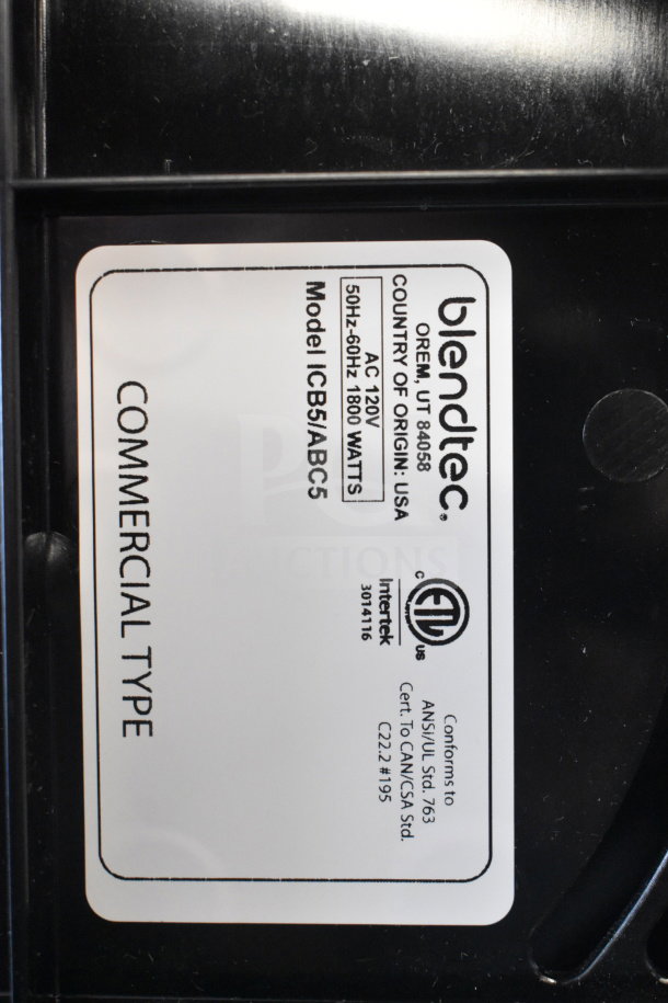 Brand new Blendtec ICB5/ABC5 Connoisseur 825 blender label; 120V, 3.8 hp, with sound enclosure and two 90 oz. jars.