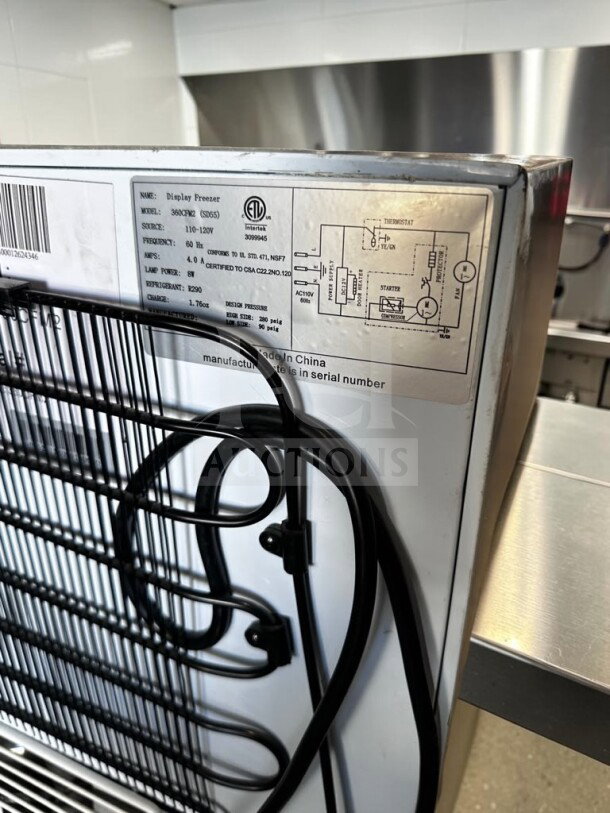 Avantco CFM2 display freezer label, showing model 360CFM2, 110-120V, ETL certified, with visible wiring and specifications.