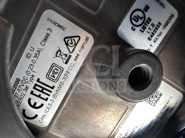 AXIS P3715-PLVE 2x2MP camera, multi-directional, 360° IR, PoE; UL Listed, fully tested, model 01970-001, labels visible.