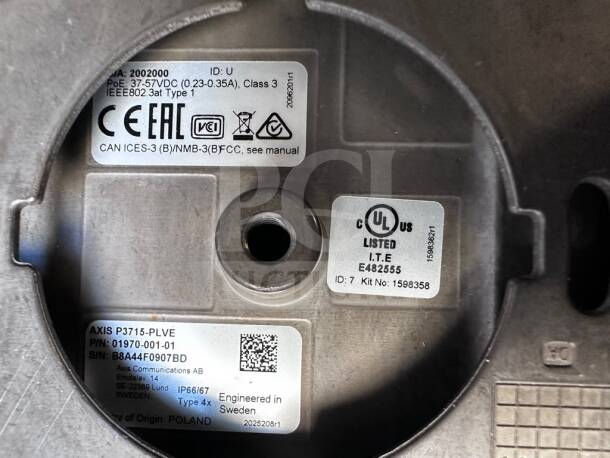 Axis P3715-PLVE network camera, multi-directional 360° IR, UL listed, fully tested, with PoE and model label details.