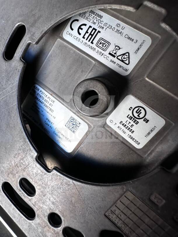 Axis P3715-PLVE camera model 01970-001 shown in high-grade condition with visible UL and CE certification labels.
