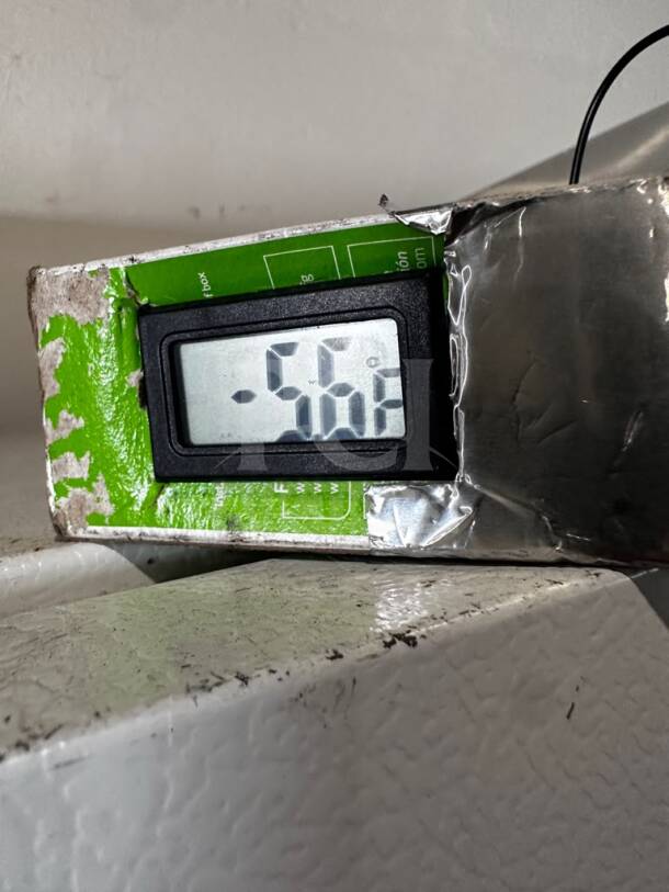 Thermometer showing -55.8°C inside the Frigidaire FFU21F5HWY upright freezer, indicating optimal cooling performance.