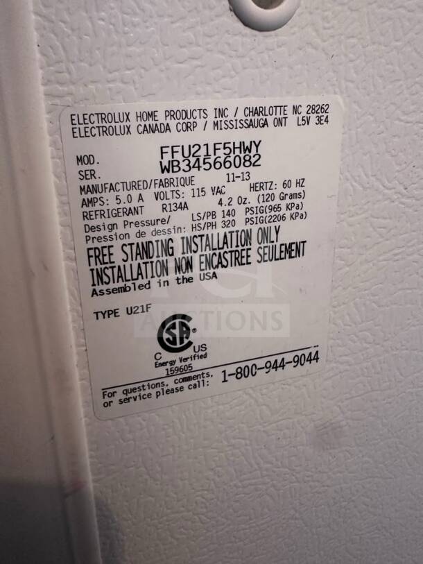 Frigidaire FFU21F5HWY label shows model, voltage 115V, refrigerant R134A, CSA certification, and installation type.