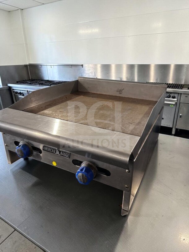 American Range ARSMG-24 countertop gas griddle, 24", 1" steel plate, natural gas, ETL listed, excellent condition.