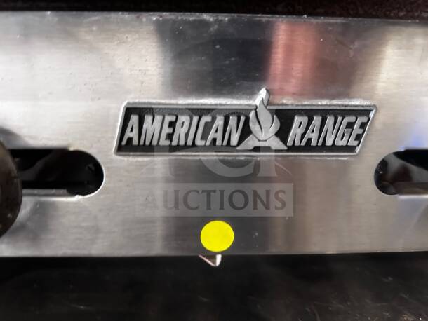 American Range logo on stainless steel panel of ARSMG-24 gas griddle, outstanding condition, fully tested, ETL listed.