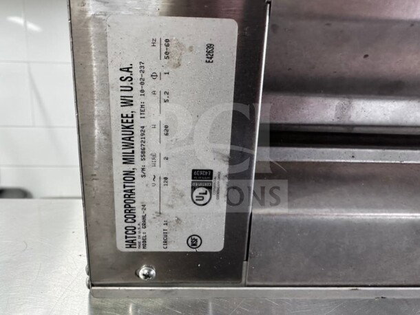 Hatco GRAHL-24 food warmer, 24" infrared, 120V, 620W, toggle controls, UL/NSF listed, excellent condition, label details shown.