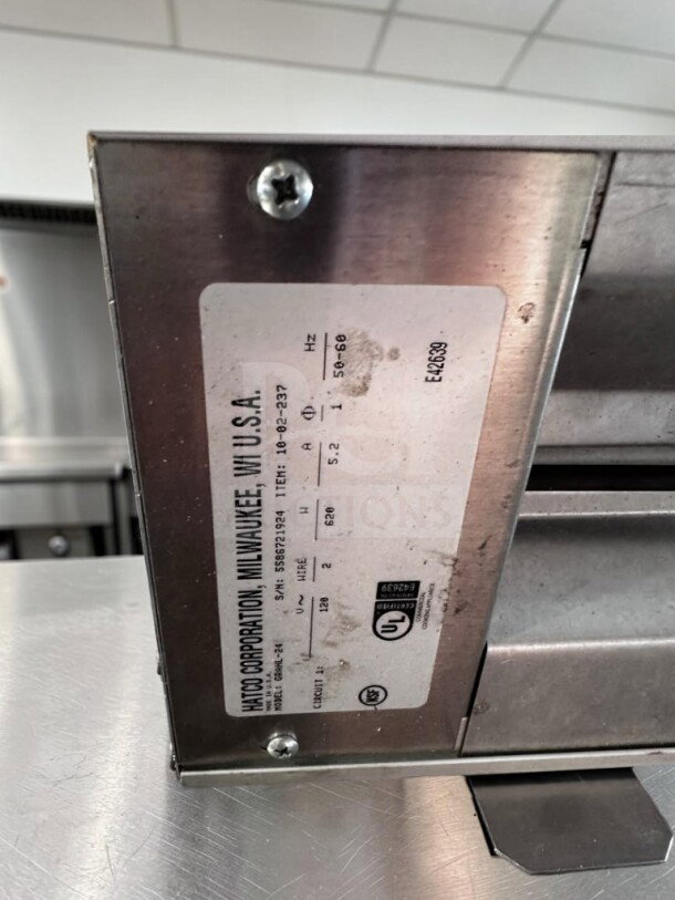 Hatco GRAHL-24 Glo-Ray food warmer, 24", 620W, 120V, UL/NSF listed, toggle controls; label shows model and specs.