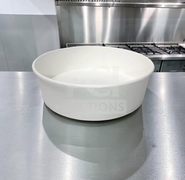 EcoPax PB48-WHT 48 oz plain white paper bowl, brand new, 8" diameter, shown in a stainless steel kitchen.