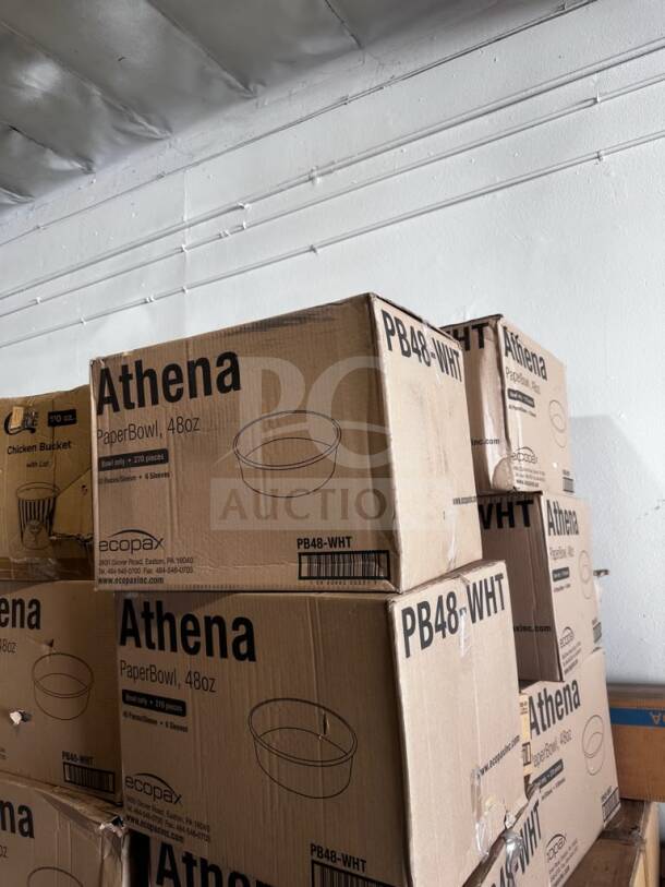 Two boxes of EcoPax Athena PB48-WHT 48 oz paper bowls, 8" diameter, 270 pieces per box, in brand new condition.