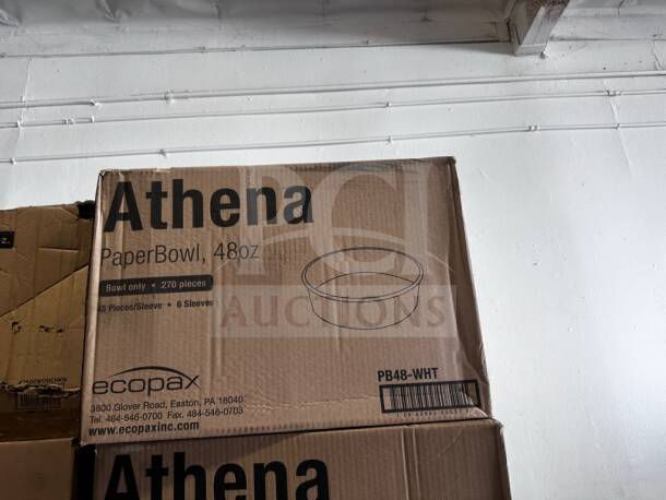 Brand new EcoPax Athena PB48-WHT 48 oz white paper bowls, 270 pieces per box, 2 boxes. Ideal for immediate use.
