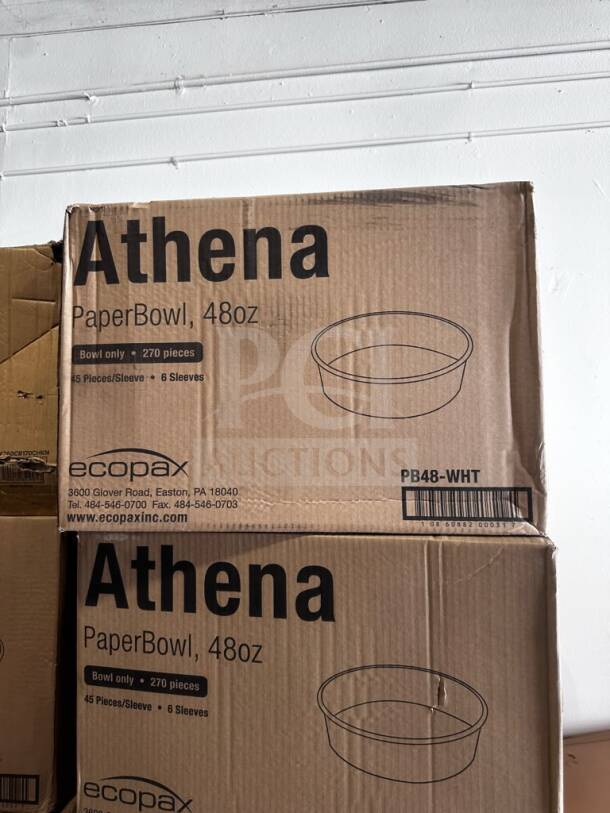 EcoPax Athena PB48-WHT 48 oz paper bowls in new condition, 270 pieces per box, two boxes shown, ready for use.