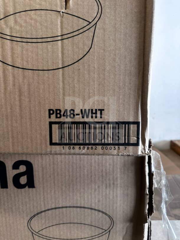 EcoPax Athena PB48-WHT box with barcode, containing 48 oz plain white paper bowls, brand new, 270 pieces per case.