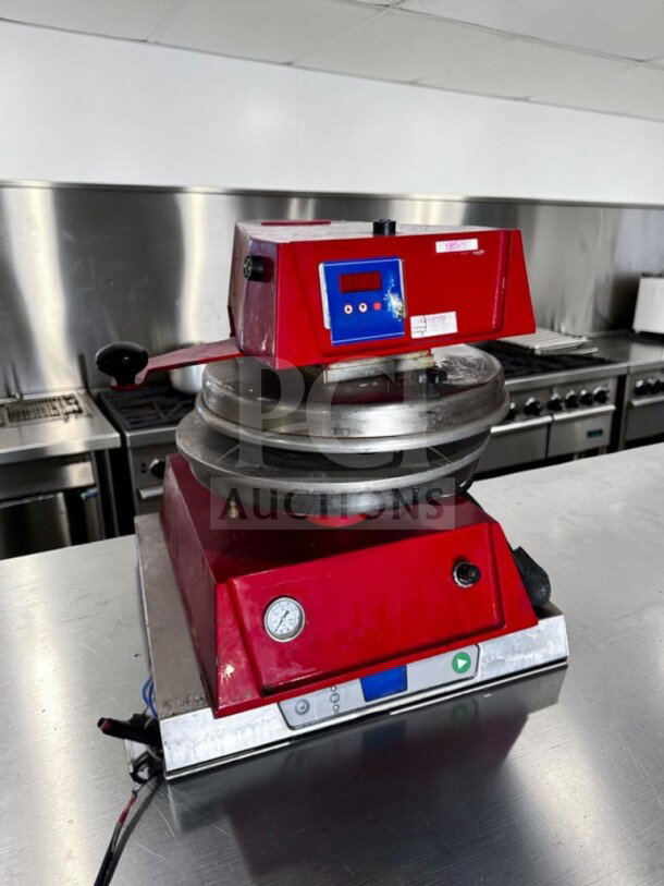 Proluxe DP1100 Endurance X1 18" pizza dough press, heated upper platen, red, fully operational, ETL certified, 208V.