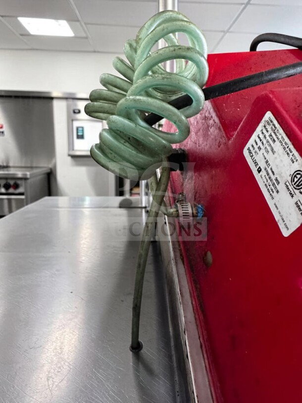 Proluxe DP1100 Endurance X1 pizza dough press, heated upper platen, red body, visible ETL certification label, 208V.