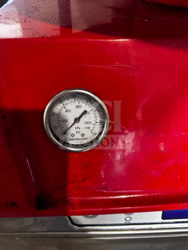 Proluxe DP1100 Endurance X1 pizza dough press, red, with a heat gauge; elite condition, ETL certified, fully tested operational.