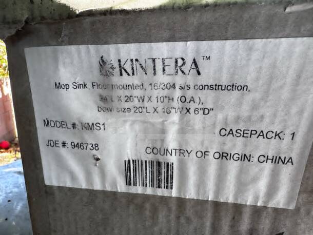 Kintera KMS1 stainless steel mop sink packaging label, model KMS1, bowl size 20"x16"x6", NSF certified, made in China.