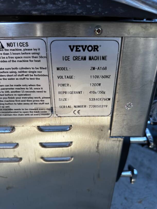 VEVOR ZM-A168 ice cream machine tag. Model: ZM-A168, 110V, 1200W, size: 53x40x76cm. Serial: 220050319. Fully tested.