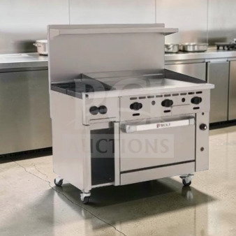 Wolf C48S-2B36G 48" gas restaurant range with 2 open burners, 36" griddle, standard oven, cabinet base, 155,000 BTU. Fully tested.