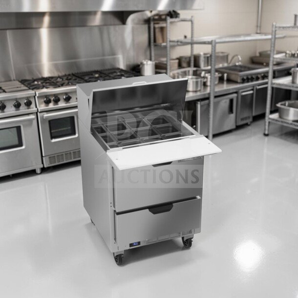 Beverage-Air SPED27HC-12M-B mega top refrigerated prep unit with drawers, 27-inch, optimal condition, UL/NSF listed.