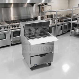 Beverage-Air SPED27HC-12M-B mega top refrigerated prep unit with drawers, 27-inch, optimal condition, UL/NSF listed.