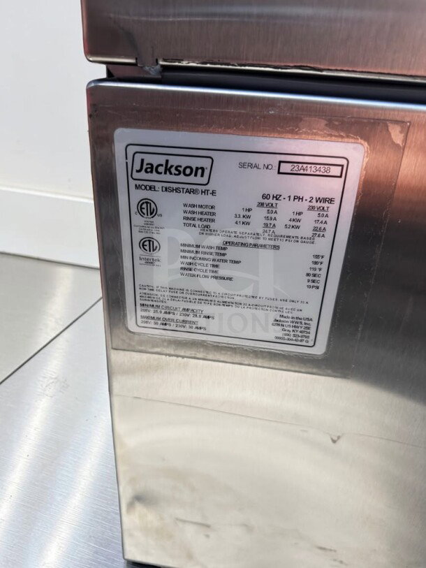 Brand new Jackson DishStar HT-E dishwasher, ETL/NSF listed, high-temp, undercounter, with visible serial number and specs label.