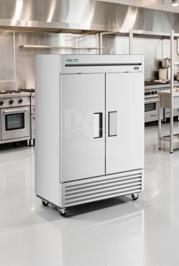 True T-49F two-section solid door reach-in freezer, 54 1/8", exceptional condition, 115V, R404A, UL/NSF listed, fully tested.