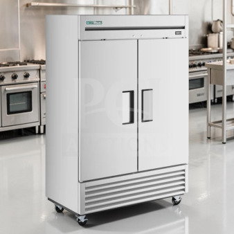 True T-49F two-section solid door reach-in freezer, 54 1/8", exceptional condition, 115V, R404A, UL/NSF listed, fully tested.