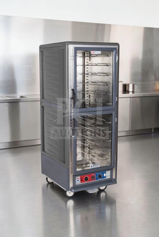 Metro C539-CDC-U-GY heated holding cabinet, full height, clear Dutch doors, 120V, 2000W, UL/NSF listed, on wheels.