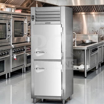 Traulsen RHT132WUT-HHS one-section stainless steel reach-in refrigerator, half-door design, 24.2 cu. ft., UL/NSF listed.