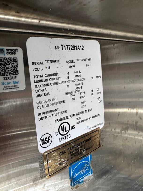 Traulsen RHT132WUT-HHS reach-in refrigerator label, showing UL/NSF listing, model, serial number T177291A12, and specs.