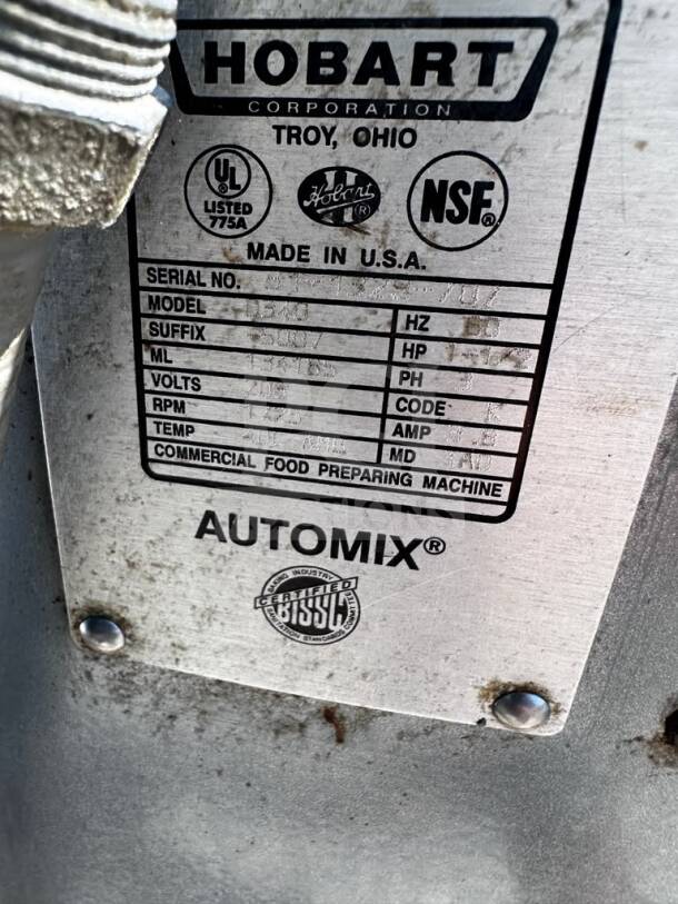 Hobart D340 Automix mixer label showing model details, UL/NSF certifications, and power specifications.